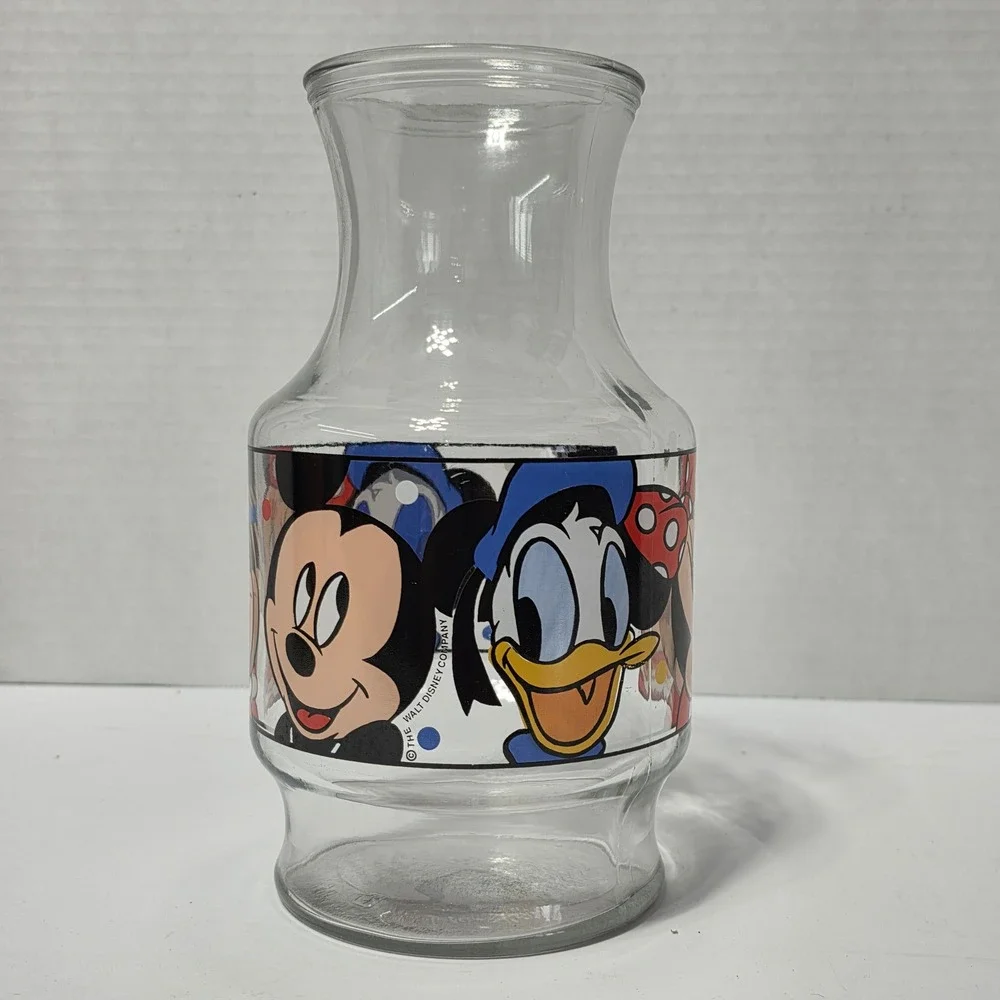Vintage Disney Mickey Minnie Donald Duck Glass Carafe Juice Pitcher Vase USA